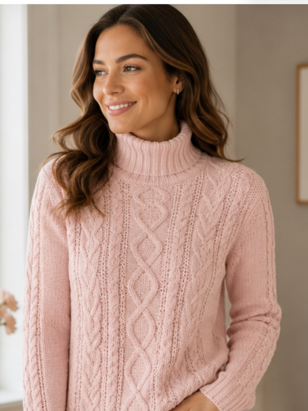 Title: Chaps • Ralph Lauren Pink CHANKY Cable Knit Mock Neck Sweater • Size L